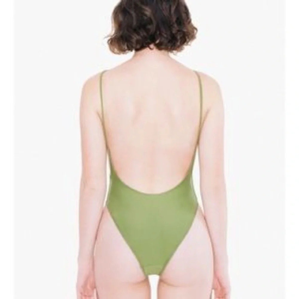 American Apparel Olive Green High Cut One Piece Swimsuit XS Scoop Back Bodysuit - Picture 2 of 6